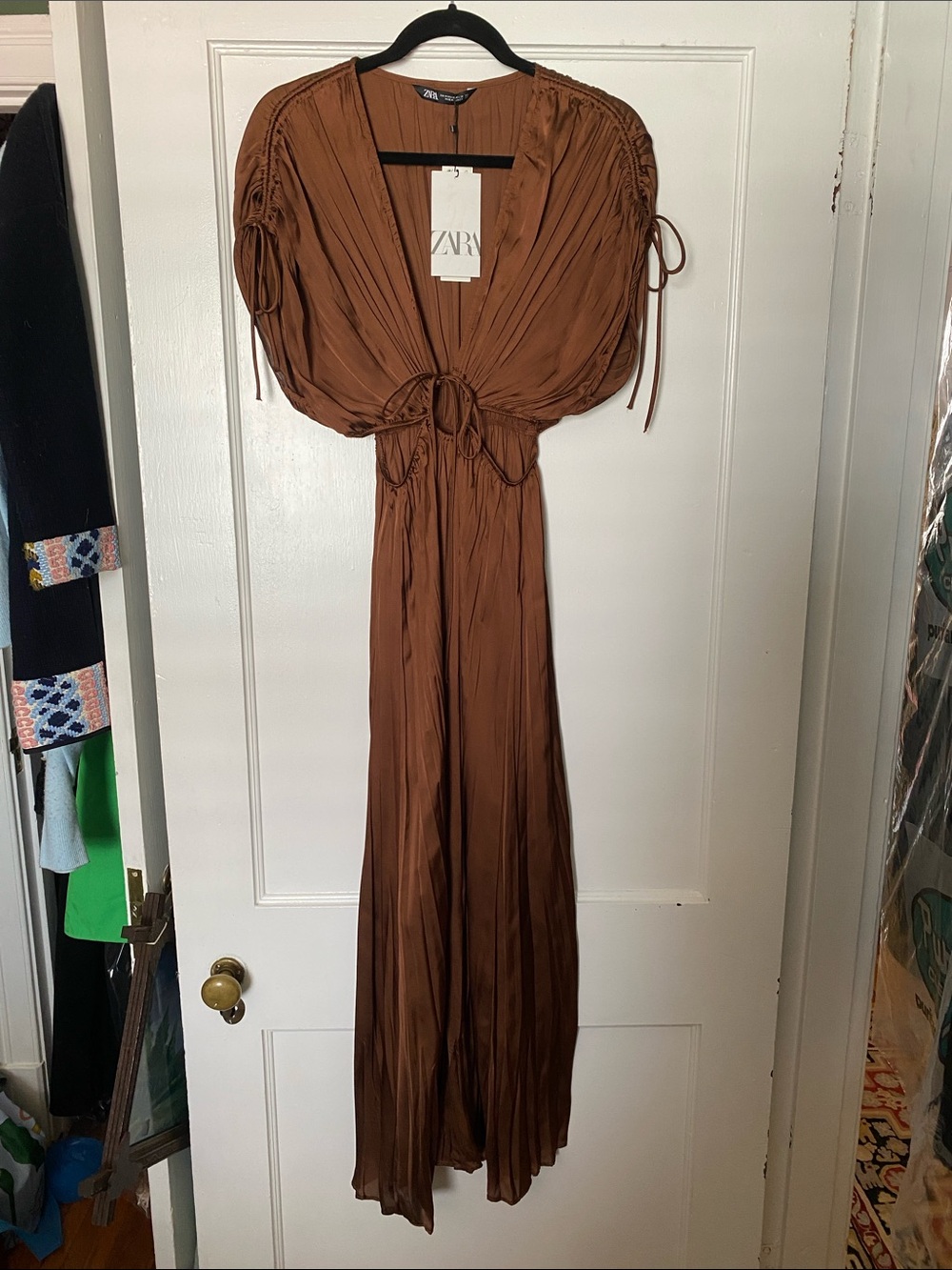 Zara Brown Maxi Dress with Puff Sleeves